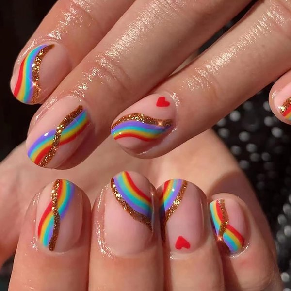 Vezocim Press on Nails Coffin Short Length, 24Pcs Full Cover Reusable Glossy Fake Nails with Glue, Artificial Fingernails Square False Nails with Designs, Glue Stick on Nails with Charm(Rainbow)