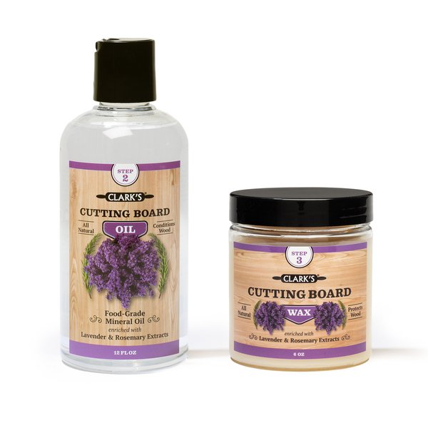 CLARK'S Bamboo Cutting Board Care Kit, Includes Mineral Oil (12oz) and Carnauba Beeswax (6oz) Enriched with Lavender and Rosemary Extract, Bamboo Cutting Board Oil Food Grade, Cutting Board Wax Bamboo