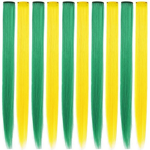 SARARHY Multi-colored Hair Extensions Colored Party 21inch Highlights Straight Green Yellow Hair Extension Clip In/on For girls and Women Costume Wig Pieces 10 PCS (Green Yellow)