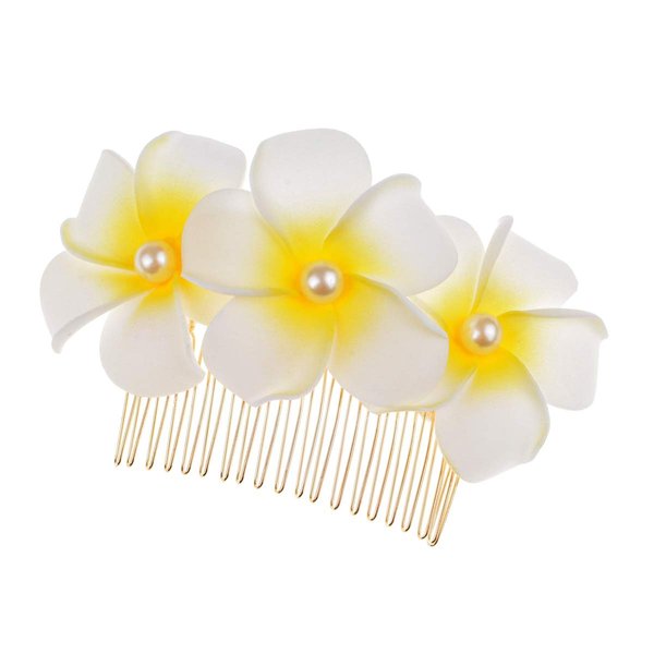Love Sweety Hawaiian Plumeria Pearl Hair Clips Flower Barrettes for Beach Party (Golden Comb-White)