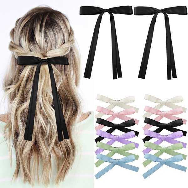 Zkptops 14Pcs Black Bow Hair Clips for Women Baby Girls Kids Teens Toddler Silky Satin Tassel Ribbon Bowknot Hair Accessory Long Small Mini Tiny Cute Blue Pink Purple Colored Soft Metal Barrette