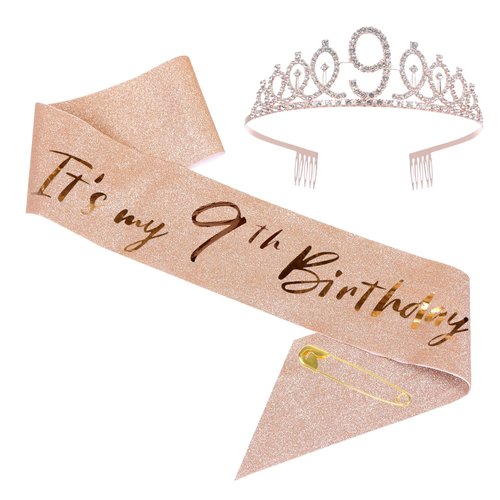 9th Birthday Sash and Tiara Set Rose Gold Birthday Sash Crown Birthday Party Favors Supplies for Girls Birthday Party