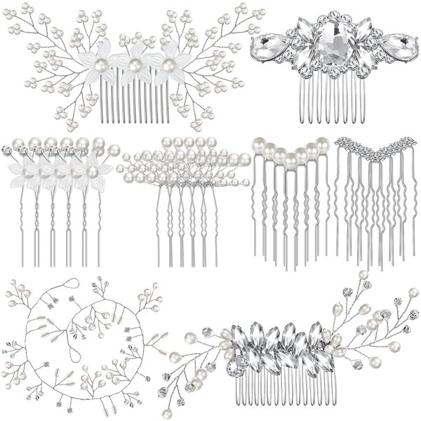 64 Pieces Wedding Hair Comb Set, Include 20 Flower Rhinestone Hair Sticks, 20 Pearl Hair Pins, 3 Crystal Pearl Combs, Pearl Wedding Hair Vine, 20 U Shaped Pearl Hair Clip (Stylish Style)
