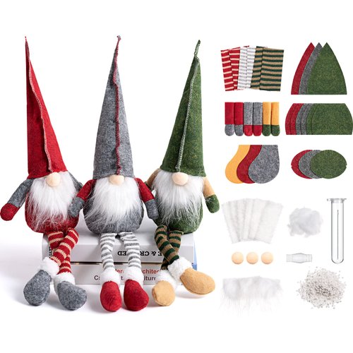 Threan 3 Pieces Christmas Plush Gnome Ornament Kits to Make Bunny Gnomes Felt Ornaments Christmas Sewing Craft DIY Ornaments for Kids Xmas Valentines Party Favors (Classic Style)