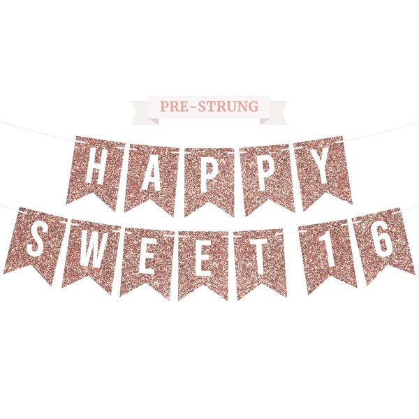 Pre-Strung Happy Sweet 16 Birthday Banner - NO DIY - Rose Gold Glitter Sweet Sixteen Party Banner - Pre-Strung Garland on 6 ft Strands - Rose Gold Birthday Party Decoration. Did we mention no DIY?