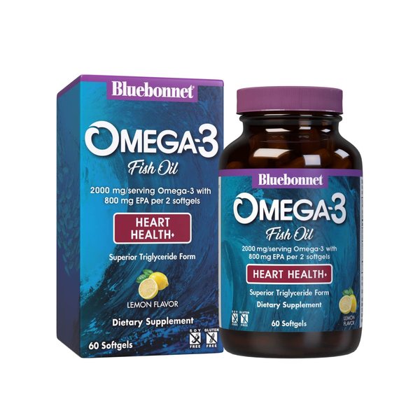 Bluebonnet Nutrition Omega-3 Heart Formula Natural Wild Caught Triglyceride Form DHA 600 mg EPA 800 mg - Highly Concentrated Heart Health Support Supplement - Gluten-Free - 60 Softgel