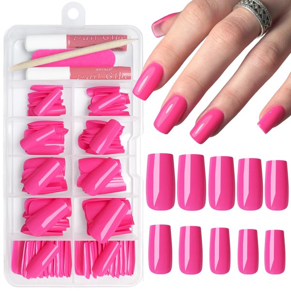 Bellelfin 120Pcs Hot Pink Press on Nails Medium Square Glue on Nails, Glossy Solid Color Fake Nails Full Cover Acrylic Nails Press on for Women Girls Artificial Fingernails