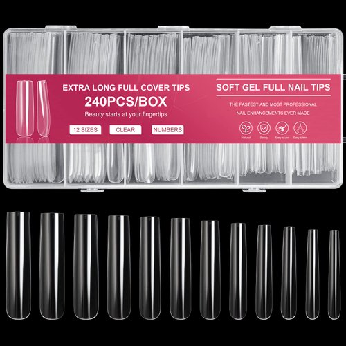 AORAEM Extra Long Square Full Cover Nail Tips 240PCS XXXL Clear Full Cover Fake Nails False Nails 12 Sizes Tapered Square Press on Fake Nail Tips for Acrylic Nails Salons Home DIY with Box