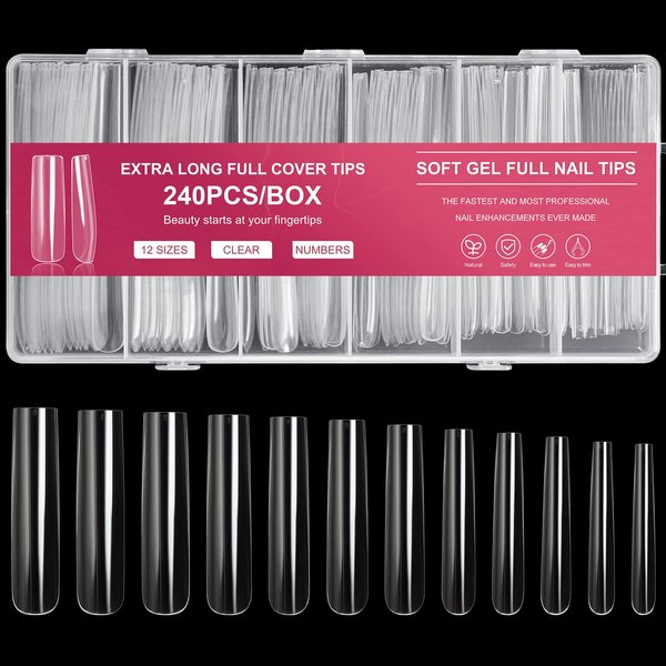 AORAEM Extra Long Square Full Cover Nail Tips 240PCS XXXL Clear Full Cover Fake Nails False Nails 12 Sizes Tapered Square Press on Fake Nail Tips for Acrylic Nails Salons Home DIY with Box