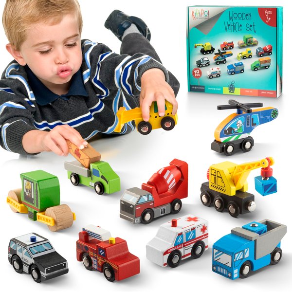 Kipipol 10 PCS Wooden Train Set Accessories, Toddler car Toys, fits Thomas, Brio, IKEA, Melissa and Doug, Stocking Stuffers for Kids, Train Toys Gifts for Toddlers and Kids Ages 4-8 and up