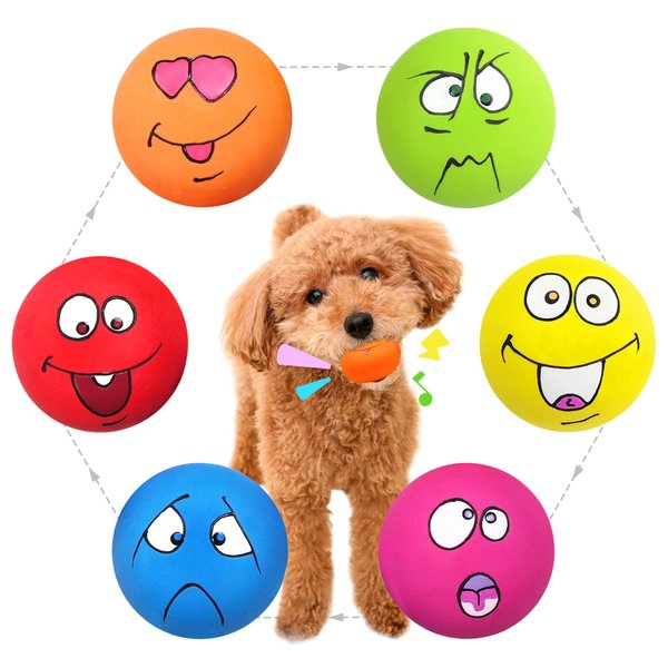 Guiwawa Dog Squeaky Toys Balls for Teething Puppies, Small, Medium Dogs, Latex Smiley Face Bouncy Cute Face Pet Dog Toys 6 Pcs/Set