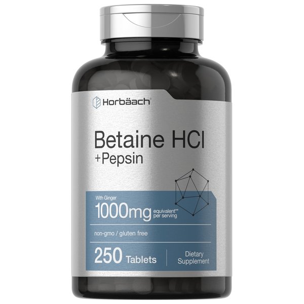 Horbäach Betaine HCl with Pepsin | 1000mg | 250 Tablets | Hydrochloride Supplement | with Ginger Root | Non-GMO, Gluten Free
