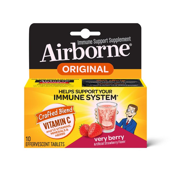 Airborne 1000mg Vitamin C with Zinc Effervescent Tablets, Immune Support Supplement with Powerful Antioxidants Vitamins A C & E - 10 Fizzy Drink Tablets, Very Berry Flavor
