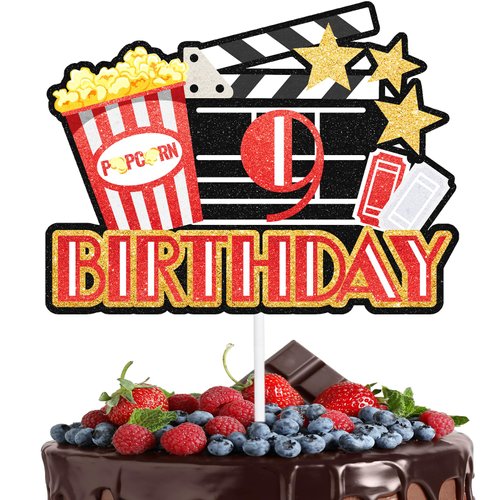 Movie Night Cake Topper Teen 9th Birthday Happy Popcorn Video Recorder Decoration, Cinema Party, Boy and Girl Birthday Party Decoration Supplies, Birthday Gifts for Kids. LIANGSS