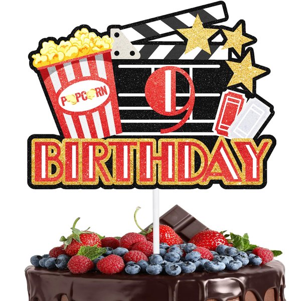 Movie Night Cake Topper Teen 9th Birthday Happy Popcorn Video Recorder Decoration, Cinema Party, Boy and Girl Birthday Party Decoration Supplies, Birthday Gifts for Kids. LIANGSS