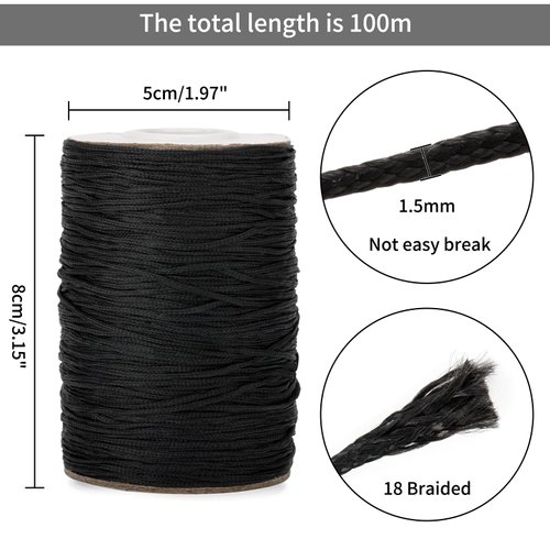 Anwyll 1.5mm Black Nylon Cord Wind Chime String, 110 Yards Braided Lift Shade Cord Replacement, Windows Roman Rollers Repair, Nylon Bracelets String for DIY Crafts, Chinese Knotting, Gardening Plant