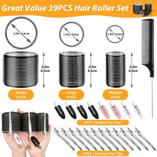 Qinzave 39PCS Self Grip Curlers 3 Sizes - Black 2.5in, 1.9in, 1.4in Rollers with Duckbill Clips for Long, Medium, Short, Thick, Fine Hair Volume and Bangs