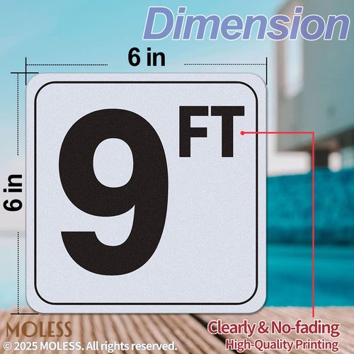 MOLESS 9FT Pool Depth Marker Stickers – 6x6″ Anti-Slip Vinyl Tile Stickers for Swimming Pool Safety Signs, Adhesive Pool Depth Markers for Decks, 9 FT (1 Pack)