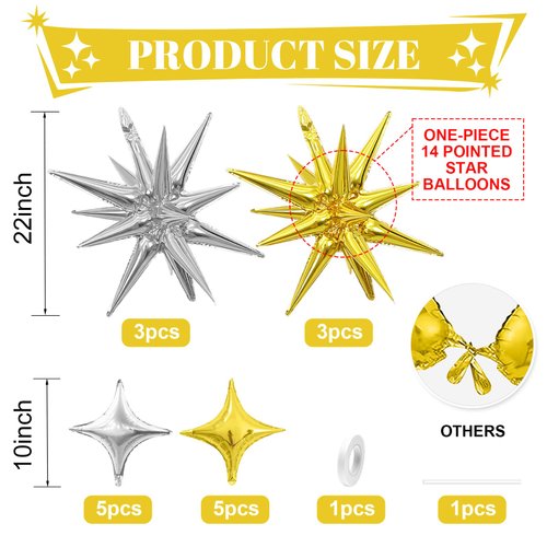 Gold Silver Star Balloons,Explosion Star Balloons Kit with 6Pcs 22Inch Cone Star Foil Balloons and 10Pcs 10Inch Four Pointed Star Balloons for Birthday Anniversary Disco Party Decorations