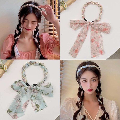 2PCS Retro Long Ribbon Headband, Satin Fabric Hair Bands, Ribbon Scarf Headbands for Women, Non-Slip Cross Knotted Fabric Clip Hairband for Women, Boho Girls Hair Accessories