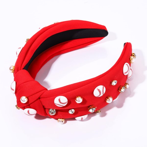 Baseball Headband for Women Crystal Pearl Knotted Headband Baseball Charms Rhinestone Beaded Embellished Headband Wide Top Knot Game Day Headband Accessories Sports Fan Gifts (Red Baseball)