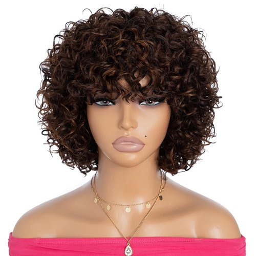 Rebecca Fashion 8 Inch Short Curly Wigs with Bangs Human Hair Curly Wigs for Black Women 10A Brazilian Virgin Human Hair 150% Density Wear and Go Glueless Wigs Highlight Mixed Brown Color
