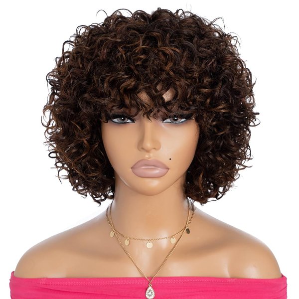 Rebecca Fashion 8 Inch Short Curly Wigs with Bangs Human Hair Curly Wigs for Black Women 10A Brazilian Virgin Human Hair 150% Density Wear and Go Glueless Wigs Highlight Mixed Brown Color