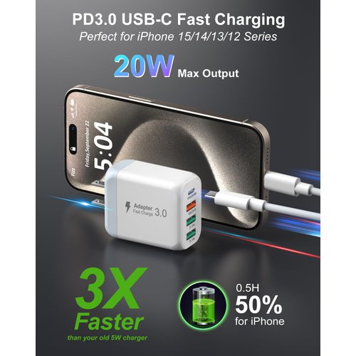 USB C Charger Block, OKRAY 2-Pack 4-Port 40W Fast Charging USB C Charger, QC/PD3.0 Type C Wall Charger Plug Multiport Power Adapter for iPhone 16/15 Pro Max Plus 14 13 12 11 XR, iPad Mini, iwatch 9 SE