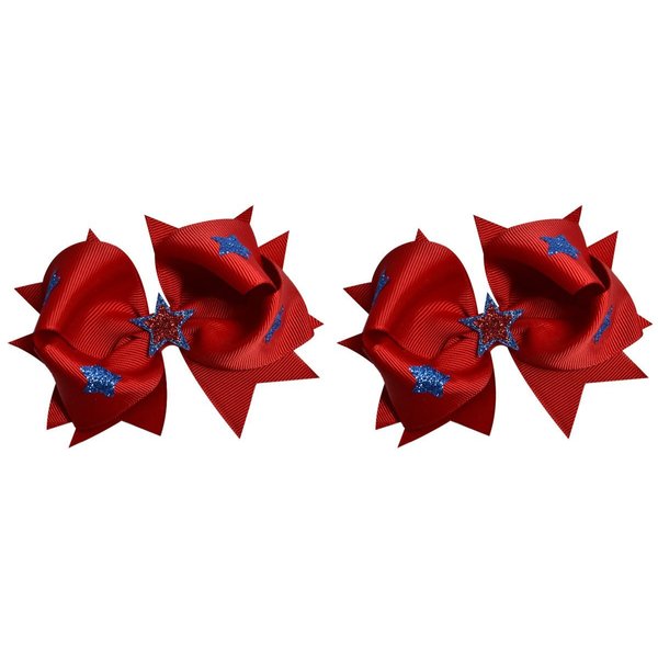 4th of July Little Miss Firecracker Sparkling Stars Hair Bow Set for Girls - (2) 4.5 inch Grosgrain Bows (Red)