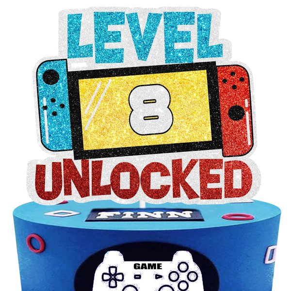 Level 8th Unlocked Cake Topper - Electronic Games Theme Boys Birthday Party Decorations Supplies - 8th Happy Birthday