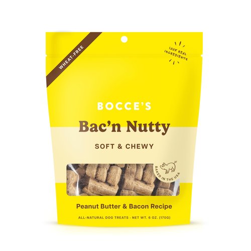 Bocce's Bakery Bac'n Nutty Soft & Chewy Dog Treats, Wheat-Free PB & Bacon Flavored All Natural Limited Ingredient Oven Baked Cookies for Dogs, 6 oz Bag