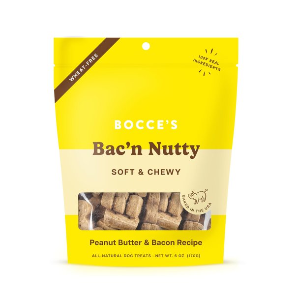 Bocce's Bakery Bac'n Nutty Soft & Chewy Dog Treats, Wheat-Free PB & Bacon Flavored All Natural Limited Ingredient Oven Baked Cookies for Dogs, 6 oz Bag