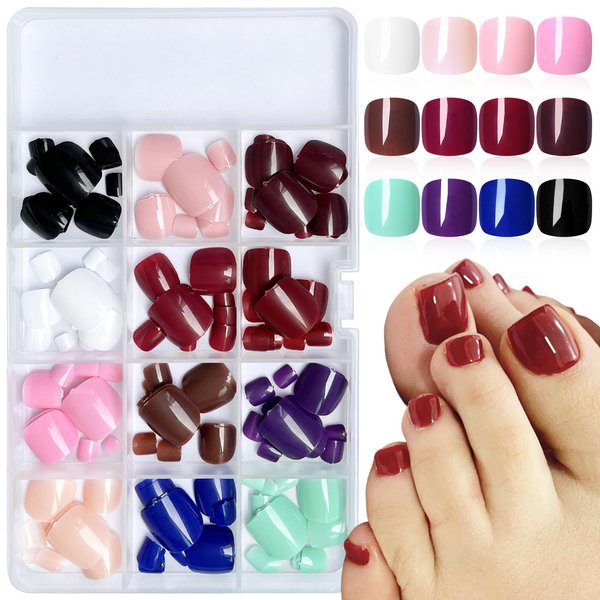 AddFavor Press on Toenails, 288pcs Solid Color Glossy Fake Toenails Press on Short Full Cover Acrylic Press on Toe Nails Artificial Fake Toe Nail Tips Kit with Nail Glue for Women and Girls