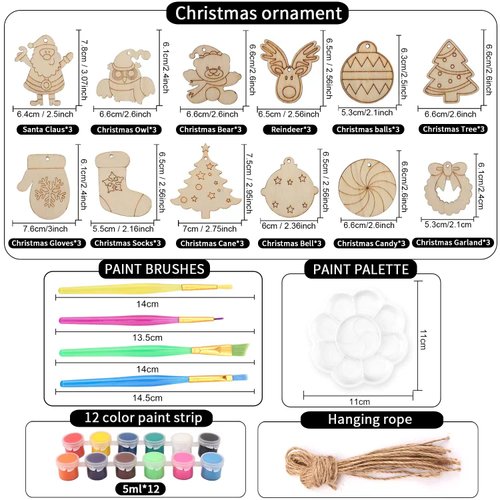 Shemira Christmas Craft Kit for Kids, 36pcs Wooden Christmas Ornaments with Painting Set,Paint Your Own Christmas Ornaments, DIY Ornaments Craft Toys for Girls Boys Ages 5 6 7 8 9 10 11 12