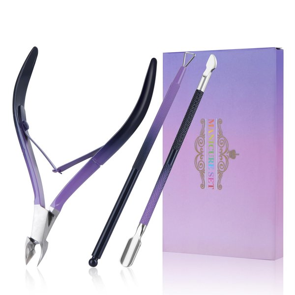 Cuticle Trimmer with Cuticle Cutter and Pusher, Cuticle Nippers Nail Cuticle Professional Cuticle Remover Clippers Nail Care Pedicure Manicure Tools（Purple/Black）