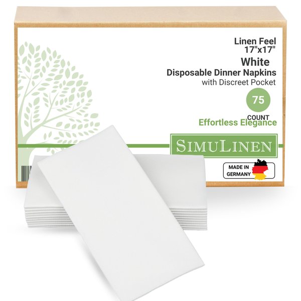 SimuLinen – White – Disposable Dinner Napkins with Discreet Pocket for Utensils - Decorative, Absorbent, Paper Napkins perfect for Silverware, size 17”x17” – Box of 75