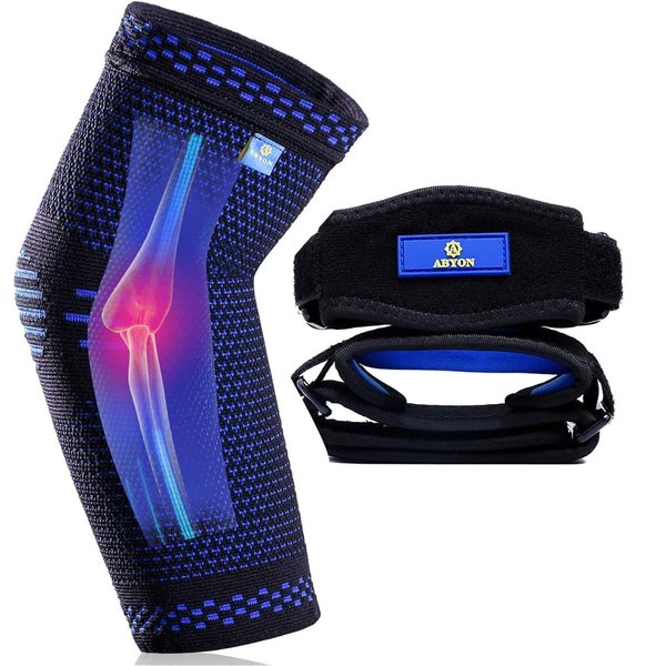 ABYON Professional Elbow Compression Sleeve(1 Pack)+Tennis Elbow Brace (2 Pack),Best Elbow Support for Sports or Daily Use to Prevent and Treat Tendonitis | Tennis Elbow | Golfer's Elbow | Arthritis