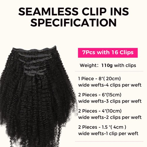 Lashey Clip in Hair Extensions Real Human Hair 16 Inch 110g 7pcs Afro Kinky-Curly Human Hair Clip Ins 4c Natural Black Hair