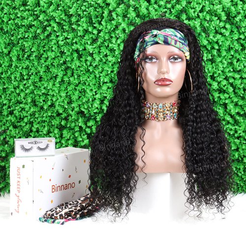 Deep Wave Headband Wig Human Hair Wigs for Black Women - Brazilian Virgin Hair Deep Wave Wig Headband - Glueless None Lace Front Deep Curly Wigs Human Hair 150% Density Natural Black (14 Inch)