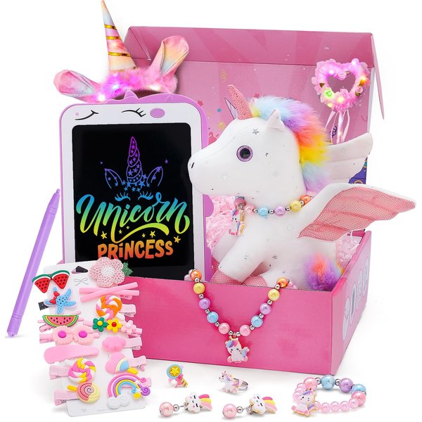 Golray Unicorn Gift for Girls Writing Tablet Set with Unicorn Stuffed Animal Doodle Board and Light Up Accessories, Christmas Birthday Gifts for Girls Age 3 4 5 6 7 8 Years Old Gift Idea for Toddlers