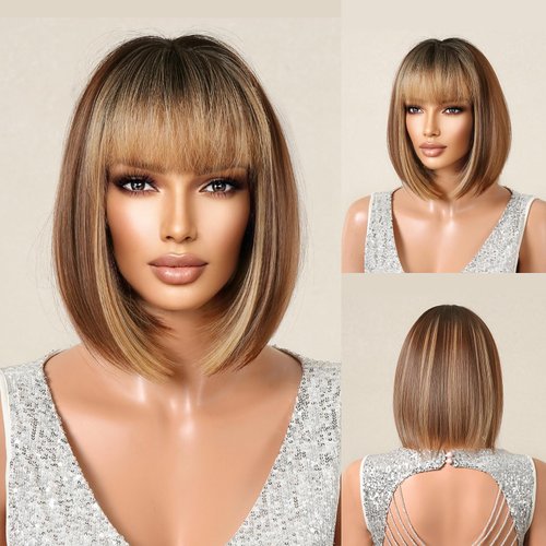 NAYOO Brown Mix Blonde Wig with Bangs, 12 Inch Highlight Blonde Brown Bob Wig for Women, Natural Looking Short Bob Wig with Bangs, Straight Wig for beginner, Cosplay Wig for Daily and Halloween