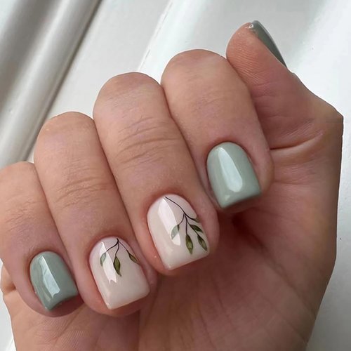 24 Pcs Green Square Press on Nails Short Fake Nails with Glue Glossy Acrylic Glue on Nails Spring Summer False Nails with Leaves Designs Full Nail Tips Reusable Stick on Nails for Women Girls