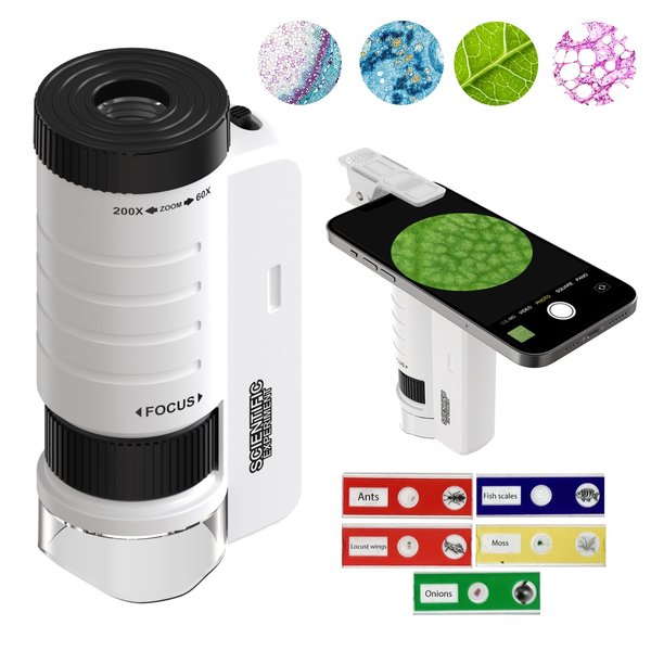 Mini Microscope for Kids 60X-200X, Portable Handheld Microscope for Kids 5-12, 5 Slides Specimens, Pocket Microscope Slides for Learning, Education and Exploring