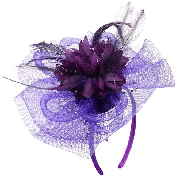 Women Fascinators Hat Cocktail Tea Party Hair Clip Veil Headband Wedding Bridal Flower Feather Hat Headwear Vintage Headpiece Purple