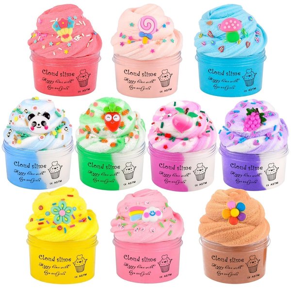10 Pack Christmas Cloud Slime Kit with Blue Cake Fruits Animals, and Pink Charms, Scented DIY Slime Supplies for Girls and Boys, Stress Relief Toy for Kids, Education Birthday Party Favor