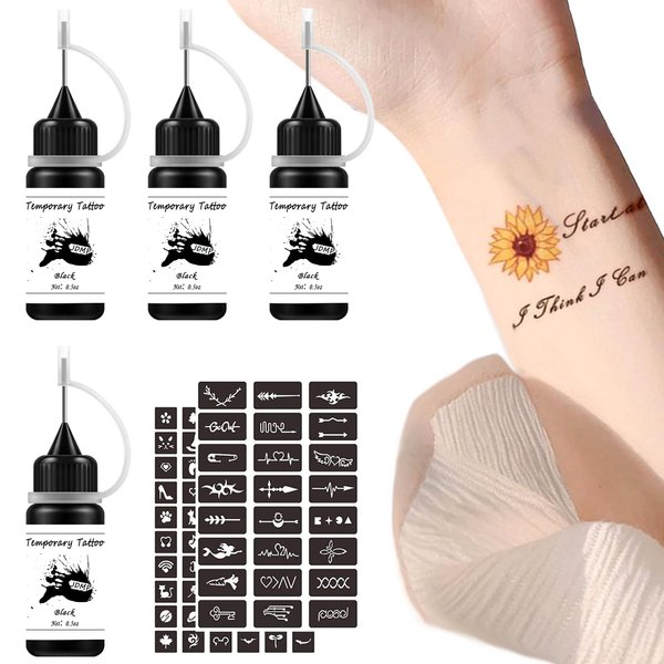 Temporary Tattoo Kit, Semi Permanent Tattoo Jagua Freehand Ink with 84 Adhesive Stencils, 4 Bottles Black Tattoo Kit Inkbox DIY for Women Men Body Art Painting