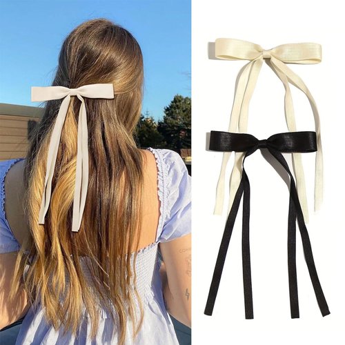 Hair Bow Clips for Women, Ribbon Bow for Women, Satin Hair Ribbon Hair Bows with Long Tail for Women, Bow Hair Clip Accessories for Girls Women (2 PCS)