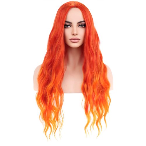 MAGQOO Orange Wig Orange Ombre Flame Fire Wig Long Curly Wavy Ombre Orange Wigs for Women Girls Middle Part Heat Resistant Hight Density Synthetic Wigs (Orange Ombre)