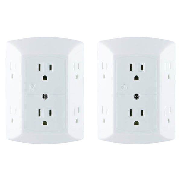 GE 6-Outlet Extender, 2 Pack, Grounded Wall Tap, Adapter Spaced Outlets, 3-Prong, Multiple Plug, Quick and Easy Install, Cruise Essentials, UL Listed, White, 40222
