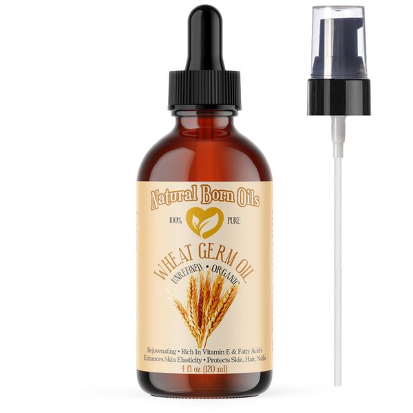 Natural Born Oils Wheat Germ Oil. 4oz. 100% Pure, Natural, Organic, Cold-pressed, Unrefined, Rejuvenating, Rich in Vitamin E. Moisturizer for Skin Hair